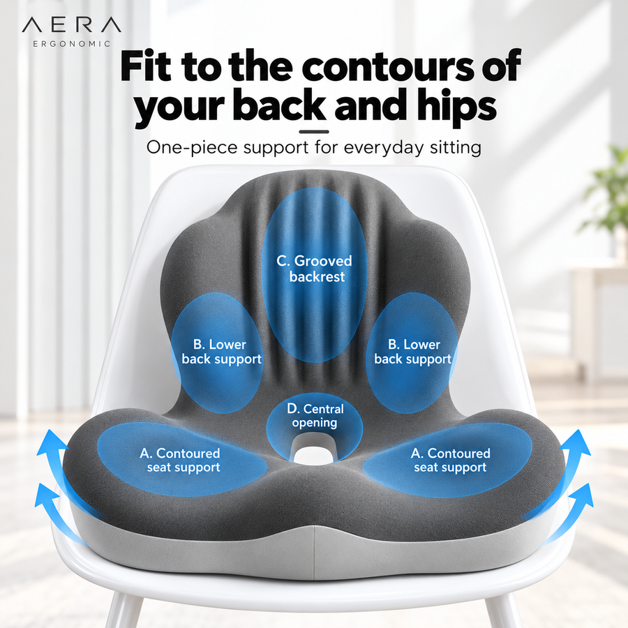 Annotated backrest, lower back, seat support and central opening